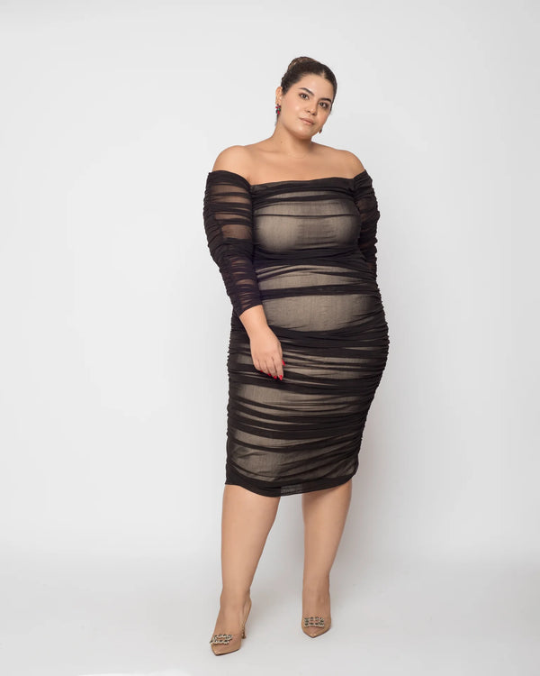 Ruched Tulle Midi Dress - Black