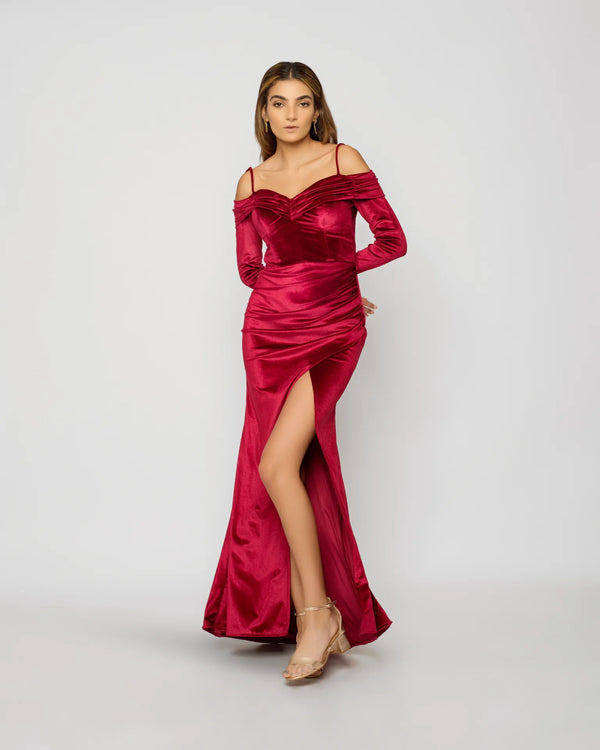 Off Shoulder Velvet Maxi Dress - Maroon