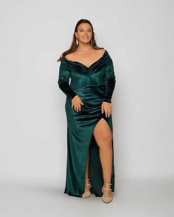 Off Shoulder Velvet Maxi Dress - Emerald Green