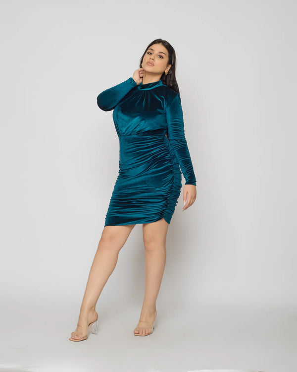 Ruched Velvet Dress - Turqouise