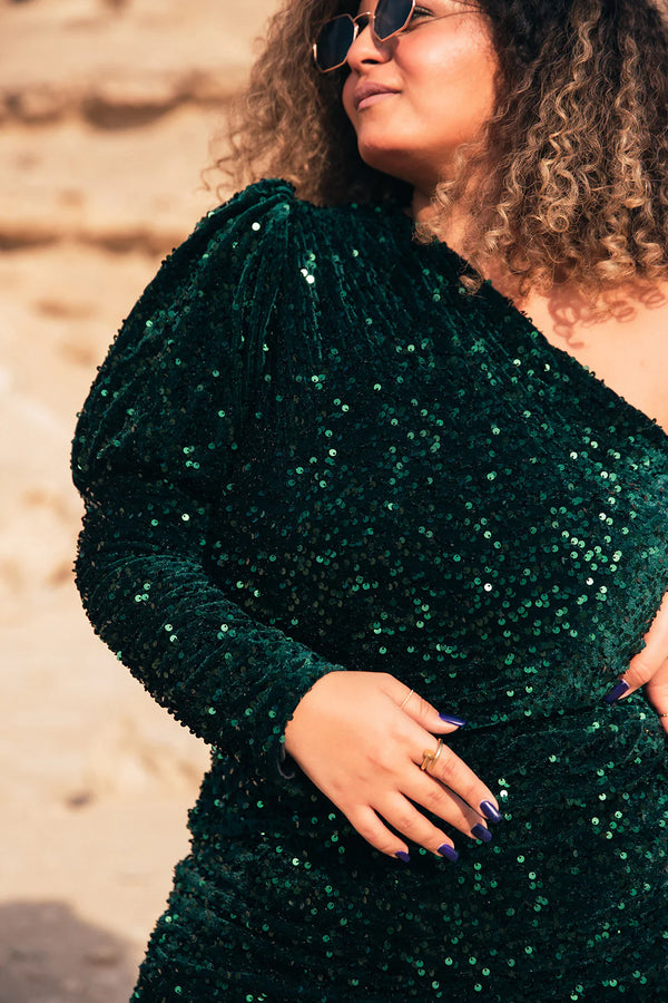 Velvet Sequin Puff Sleeve Dress - Emerald Green