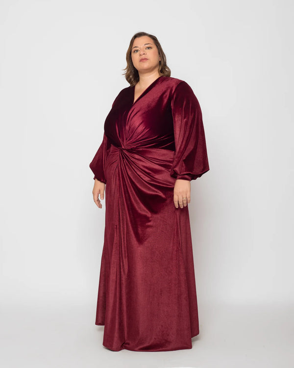 Front Twist Maxi Velvet Dress - Dark Maroon