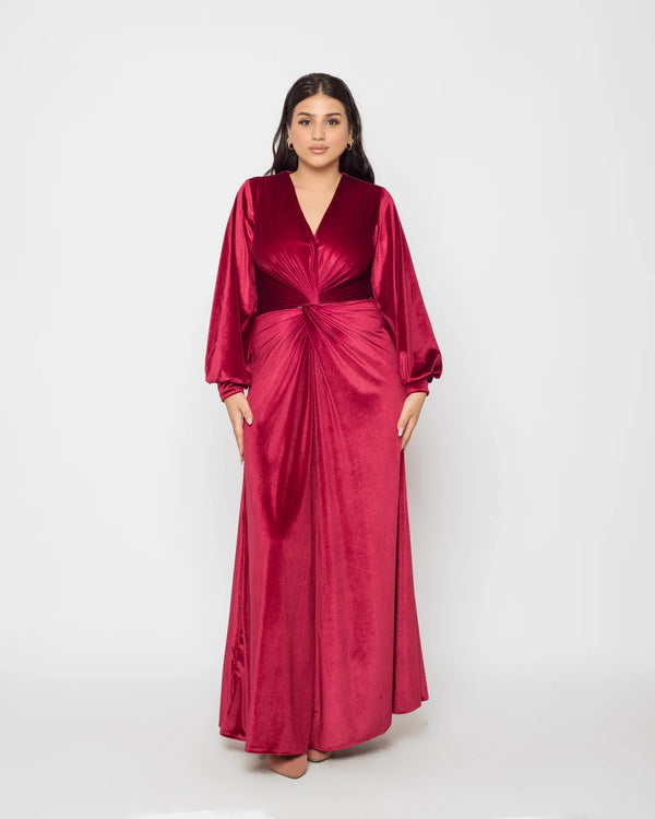 Front Twist Maxi Velvet Dress - Maroon