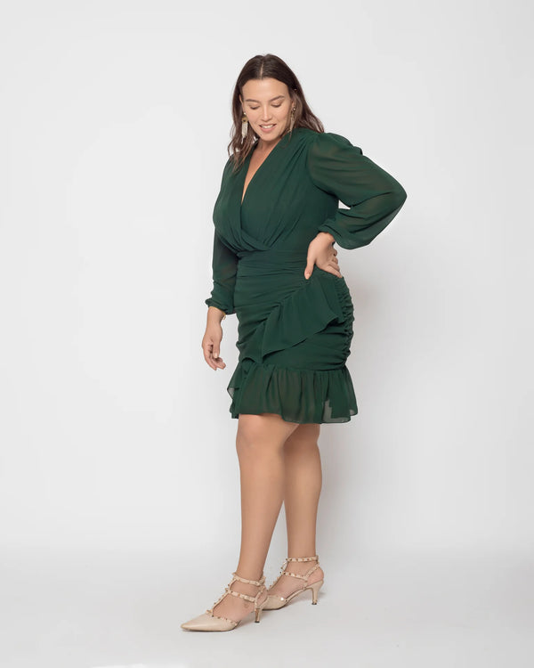 Ruffled Chiffon Dress - Emerald Green