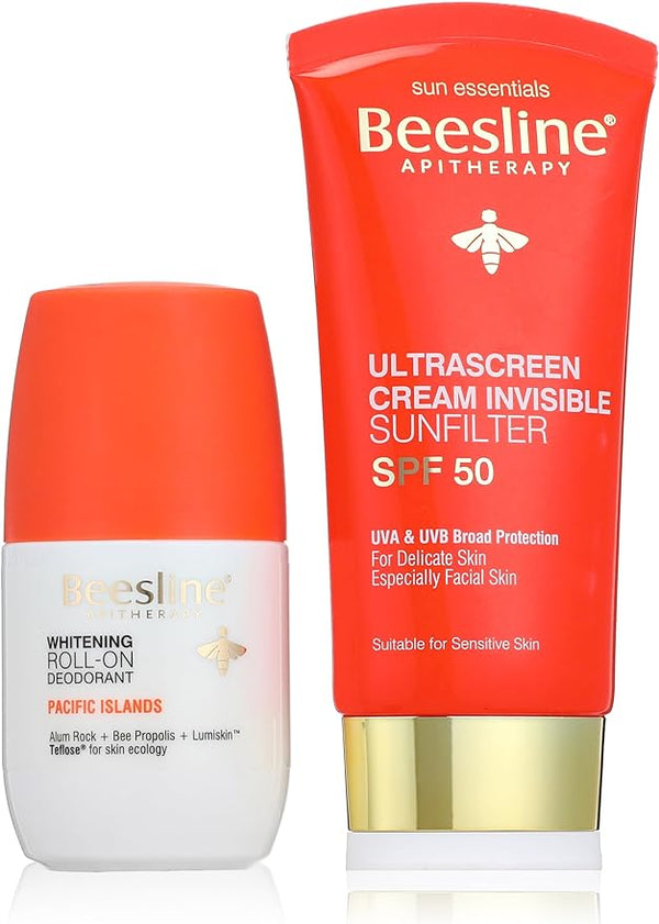 Beesline Ultrascreen Cream Invisible Sunfilter SPF 50 Contains Honey + Whitening Roll-On Deodorant Pacific Island Promo pack Ingredients: Teflose, Alum Rock Powder