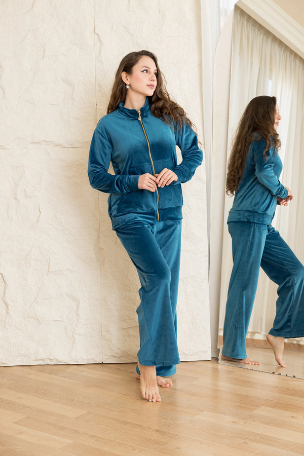 Velvet Zip-Up Lounge Set - Teal