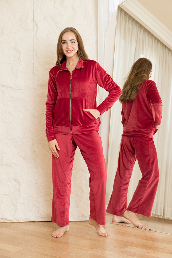 Velvet Zip-Up Lounge Set - Maroon