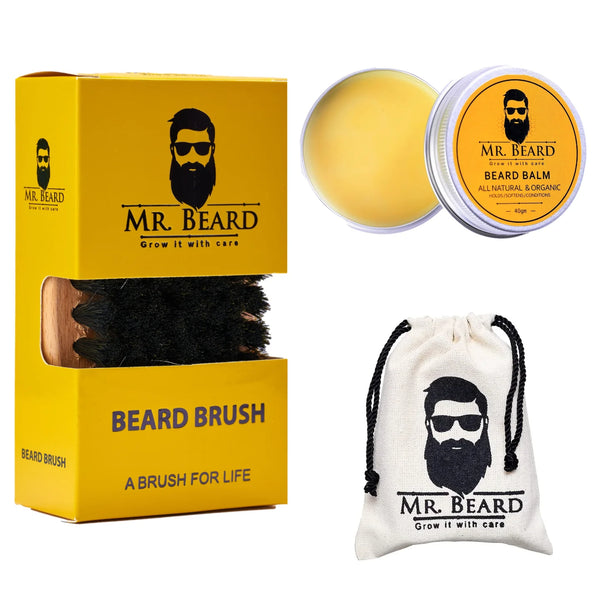 Beard Brush + Beard Balm + Travel Pouch