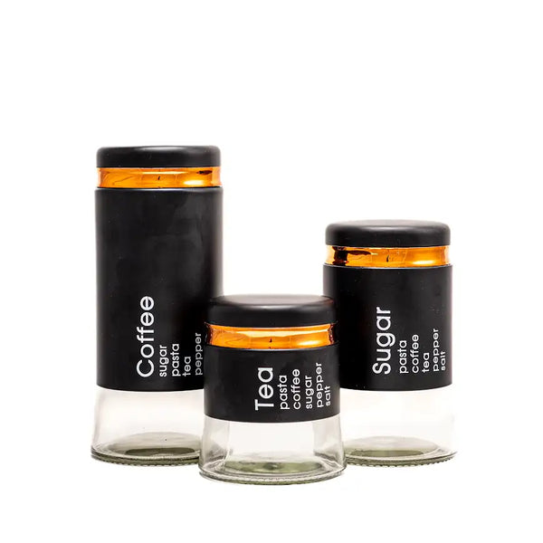 A set of 3 pcs Modern Glass Jars for Coffee, Sugar and Tea.