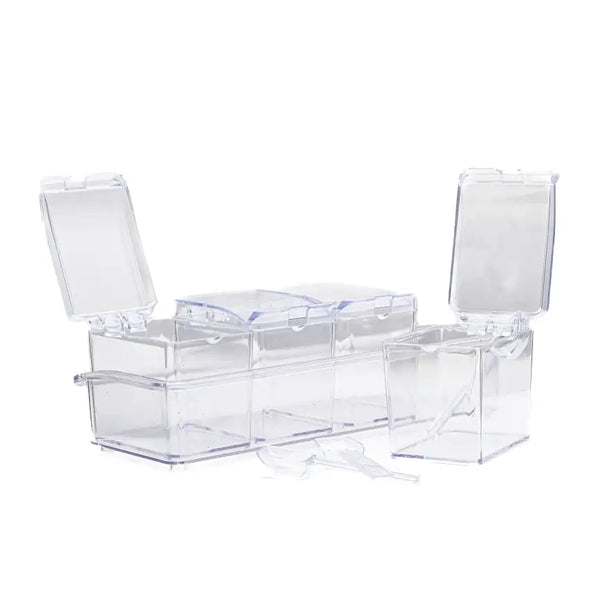 A set of 4 Acrylic crystal look spices boxes with spoons on stand