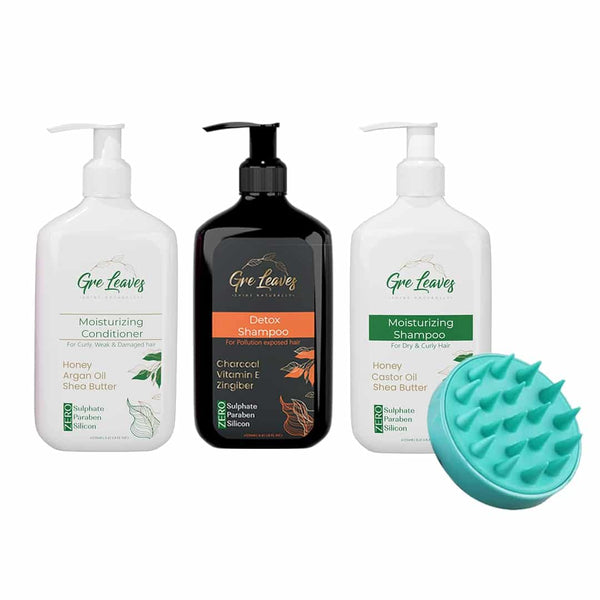 Detox Shampoo +Moisturizing Shampoo + Moisturizing Conditioner + Silicone Scalp Brush Bundle