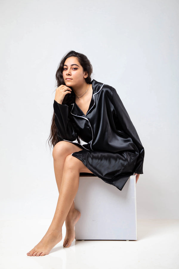 The Night Shirt Dress Satin - Black