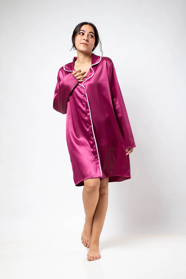 The Candy Shirt Dress Satin - Fuschia