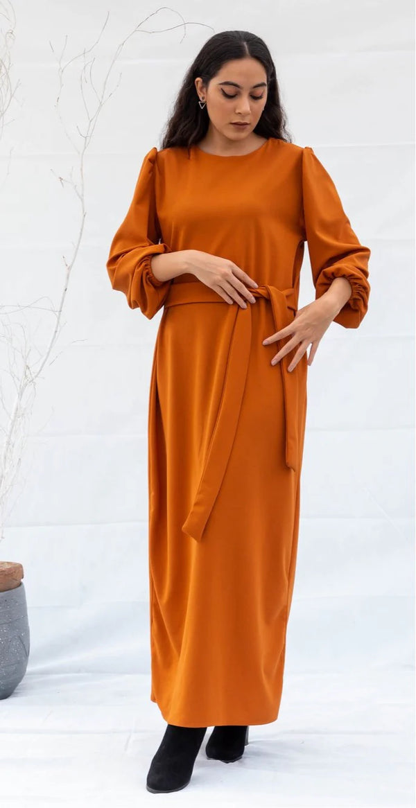 Long Box Pleated Dress - Orange