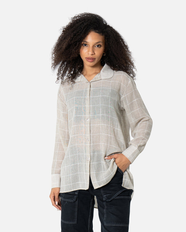 Beige Chequered - Linen Oversized Shirt Oversized Long Sleeve Shirt TheMakeovr 