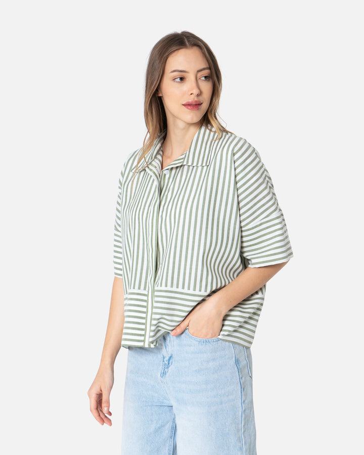 Olive Stripes - Cropped Shirt Oversized Long Sleeve Shirt TheMakeovr 