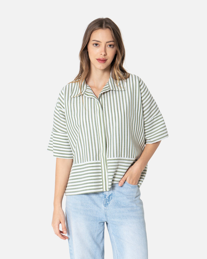 Olive Stripes - Cropped Shirt Oversized Long Sleeve Shirt TheMakeovr 